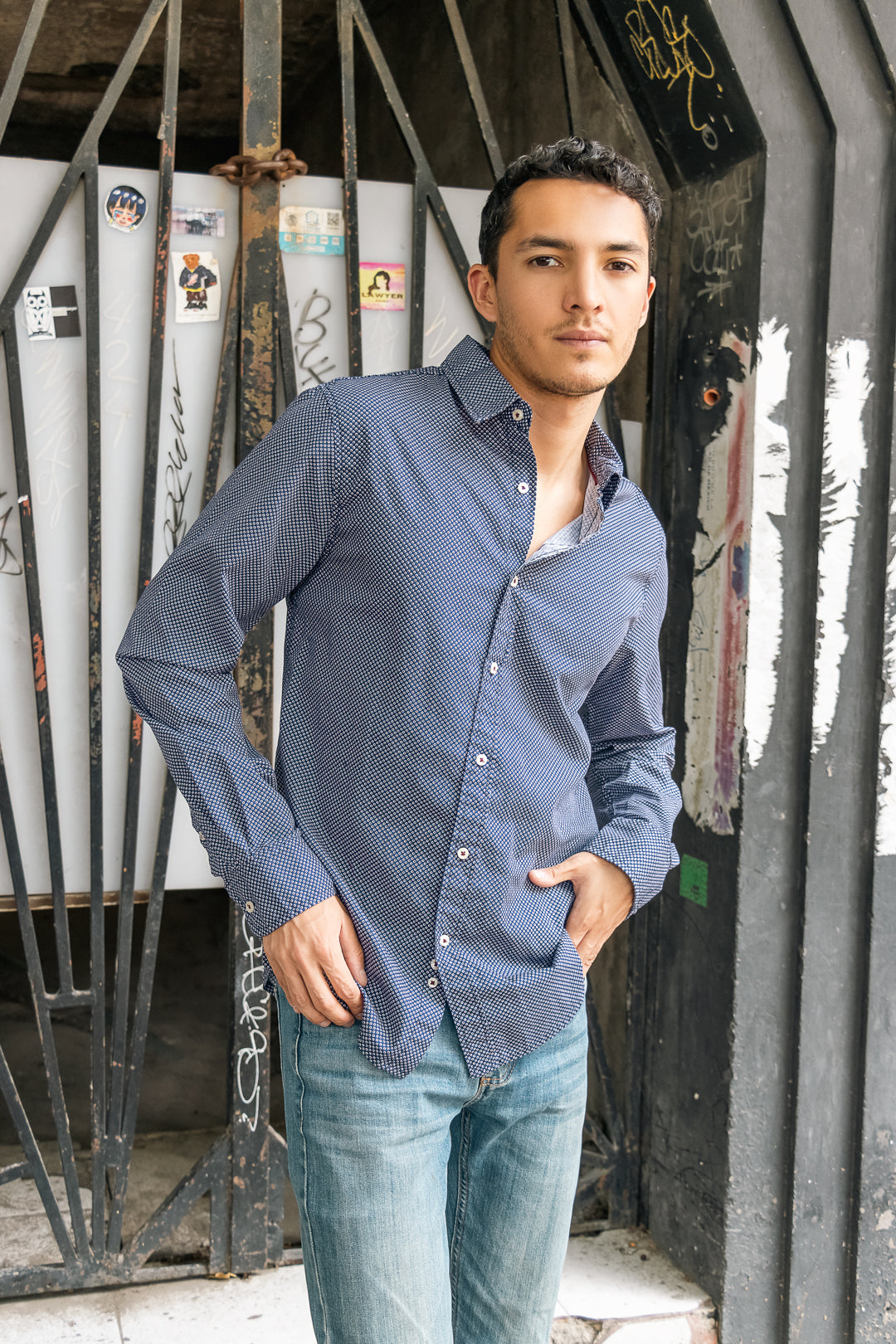 Camisa de Puntos Casual Azul Marino Polham