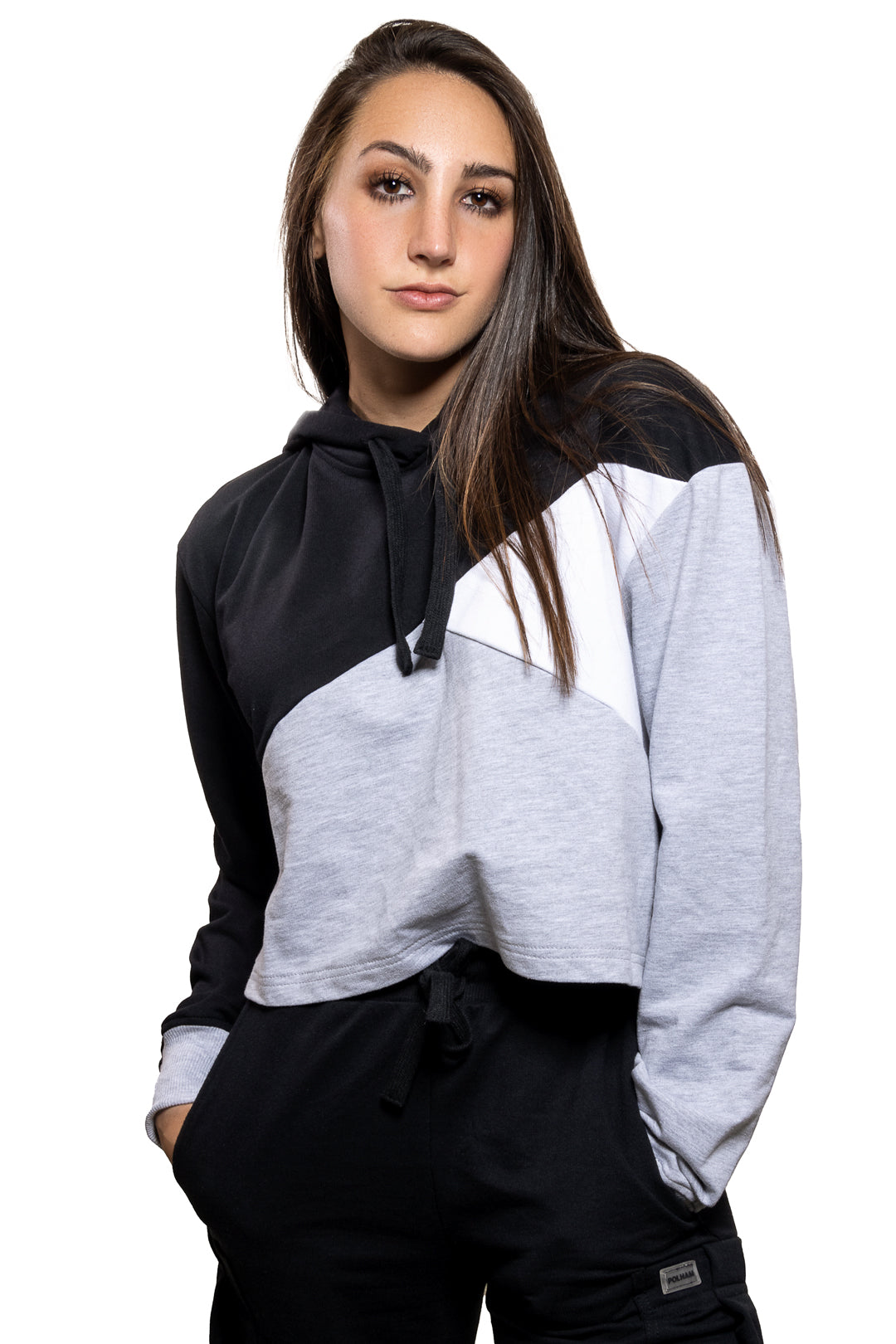 Hoodie Multicolor Corta Negra con Gris