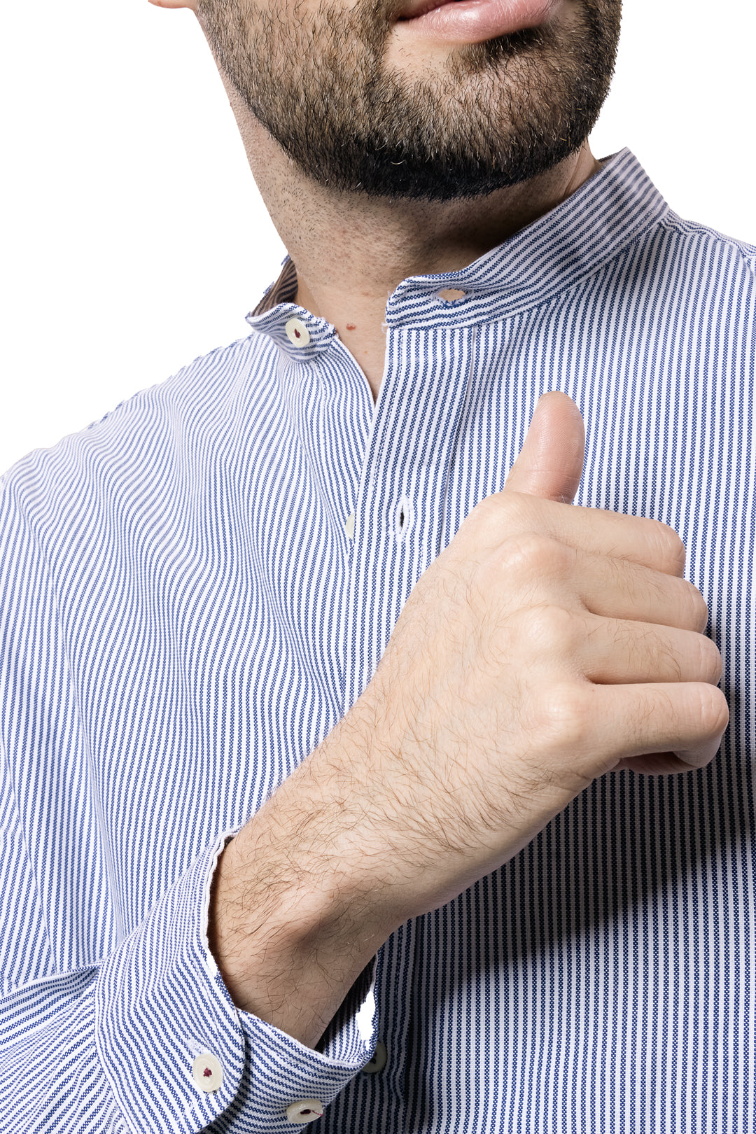 Camisa Para Hombre Con Cuello Mao Color Azul Con Rayas Blancas