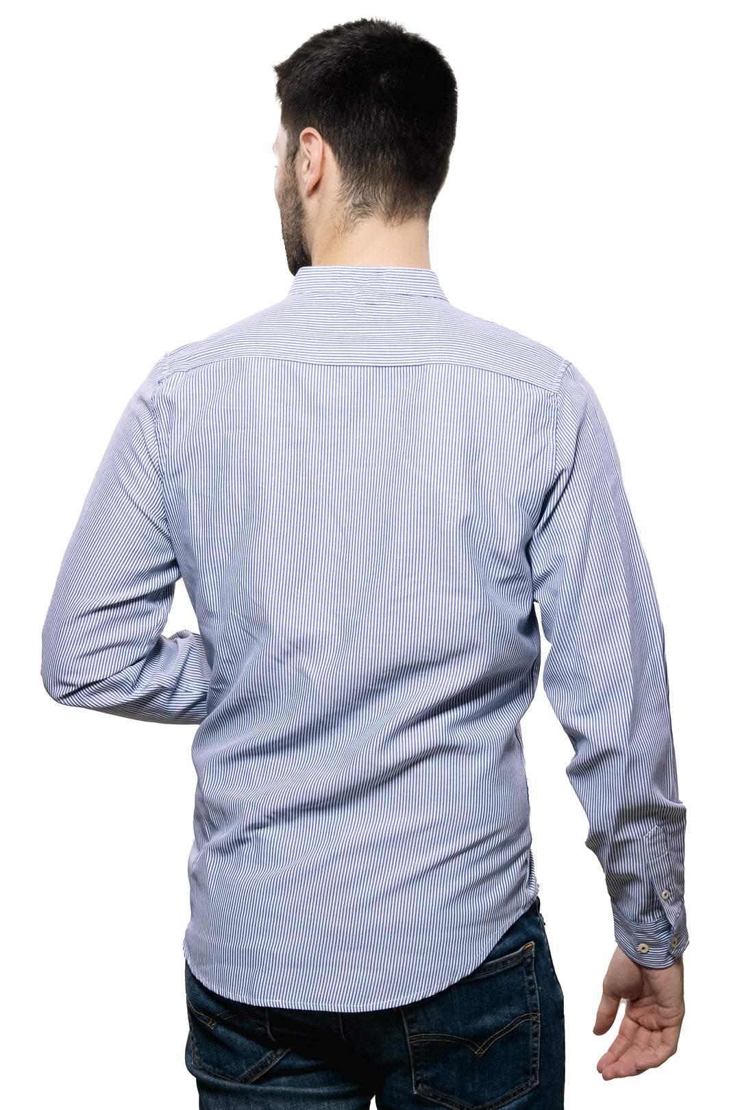 Camisa Para Hombre Con Cuello Mao Color Azul Con Rayas Blancas