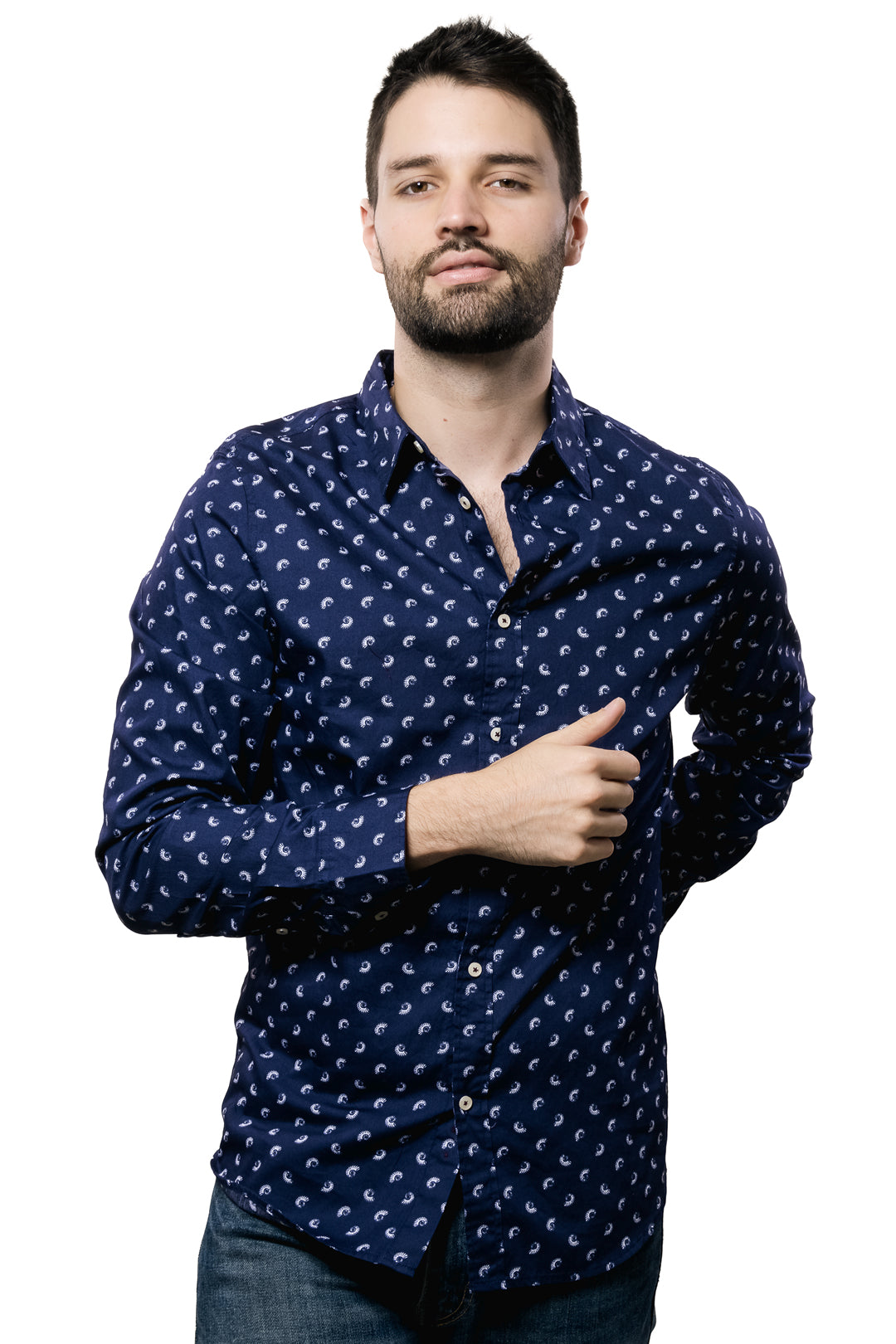 Camisa Para Hombre Color Azul Marino Con Conchas Blancas