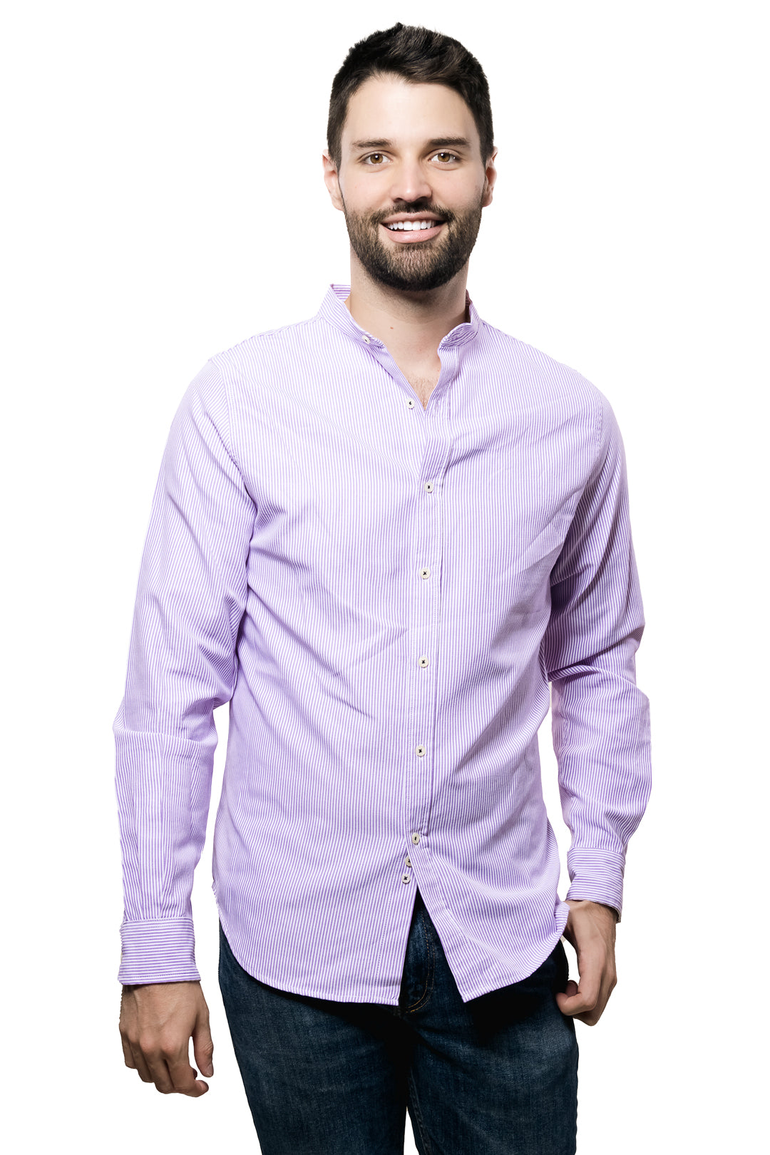 Camisa Para Hombre Cuello Mao Color Azul Cielo Con Rayas Blancas