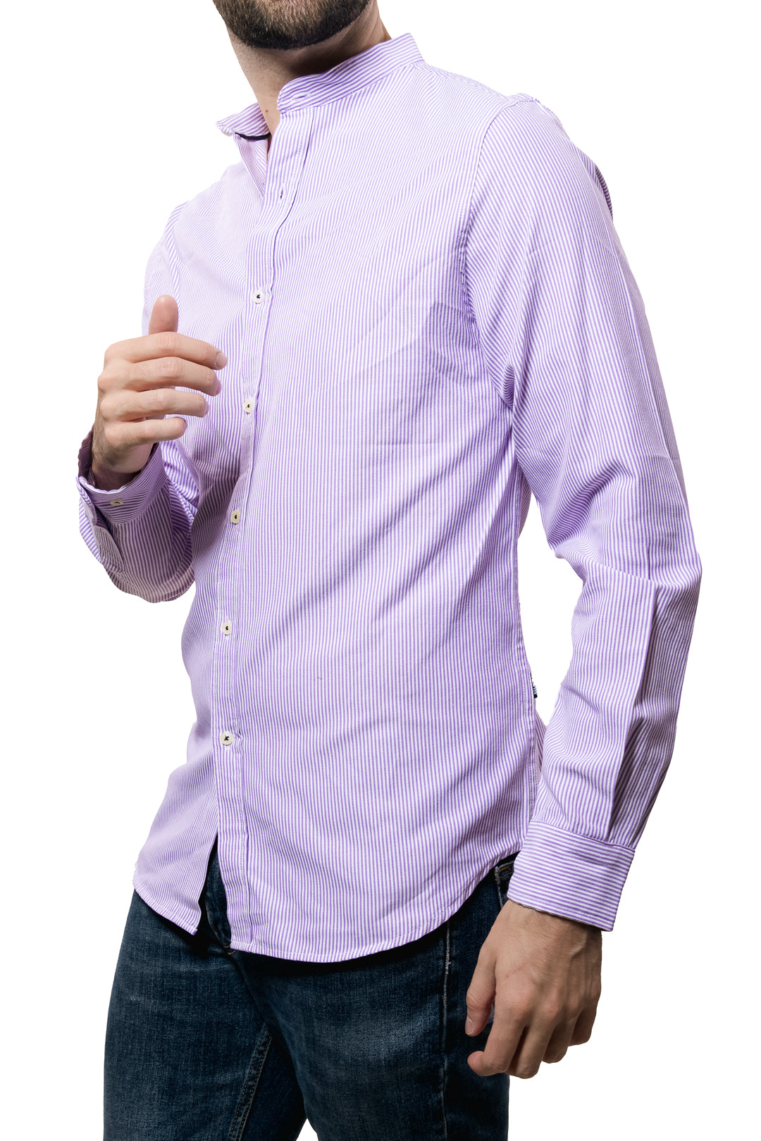 Camisa Para Hombre Cuello Mao Color Azul Cielo Con Rayas Blancas