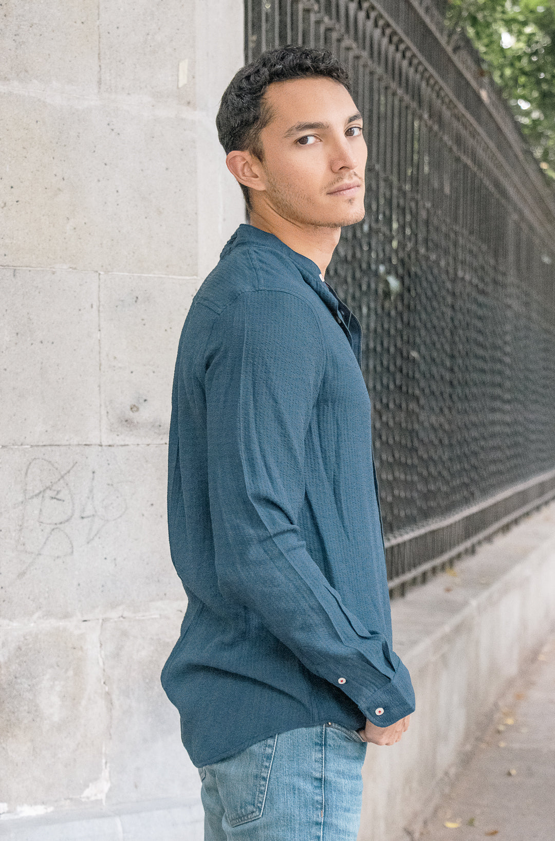 Camisa Para Hombre Polham Con Cuello Mao Color Azul